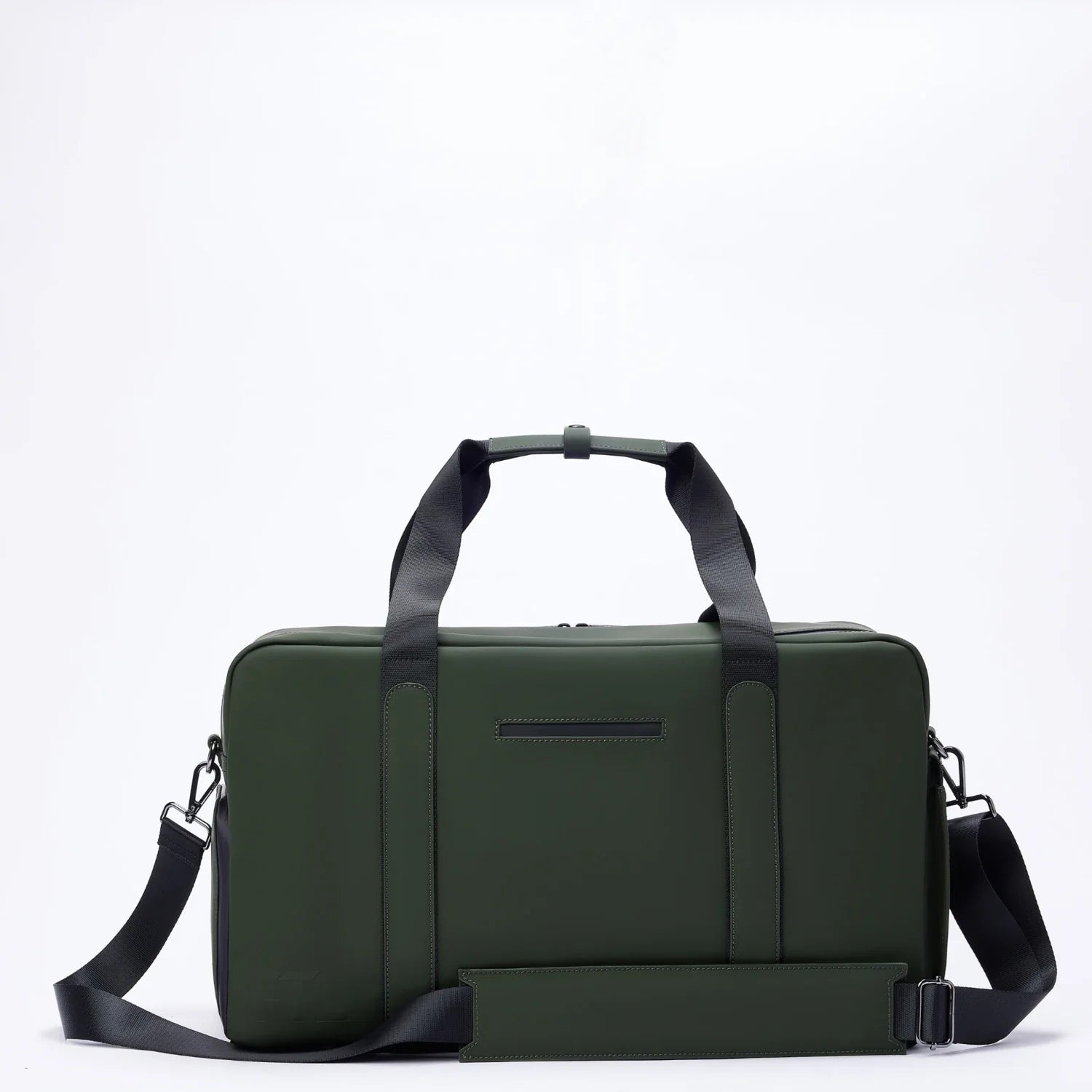 Men's gym duffel in green with detachable shoulder strap, black handles, and sleek minimalist design for versatile use.