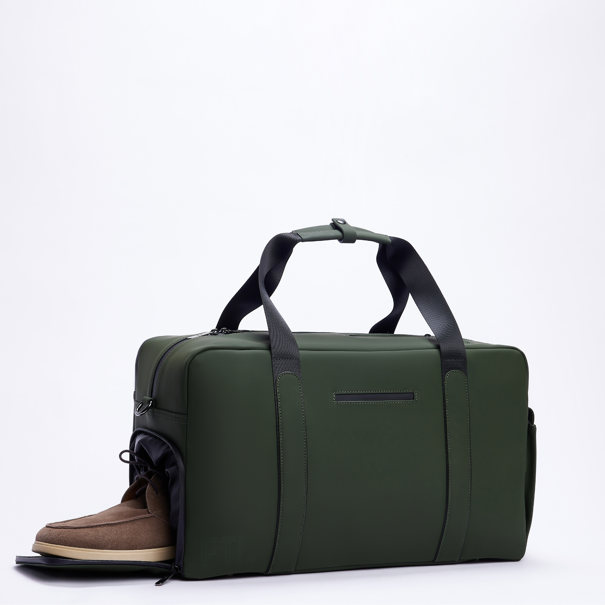 The best gym work bag in green with separate shoe compartment, black handles, and sleek design for office and fitness.