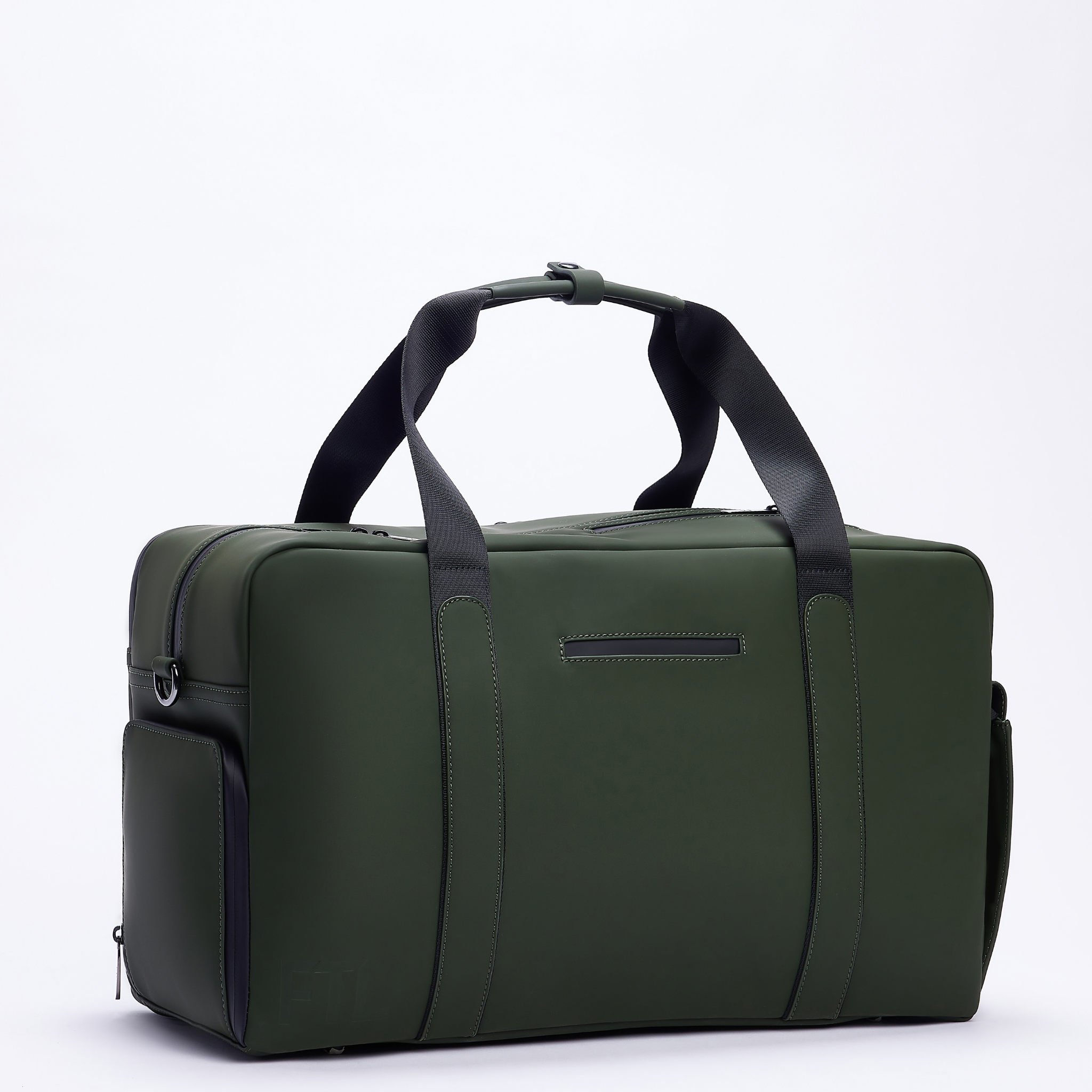 Duffle gym bag for men in dark green with black handles, side pocket, and minimalist design for everyday workouts.
Abbot Green