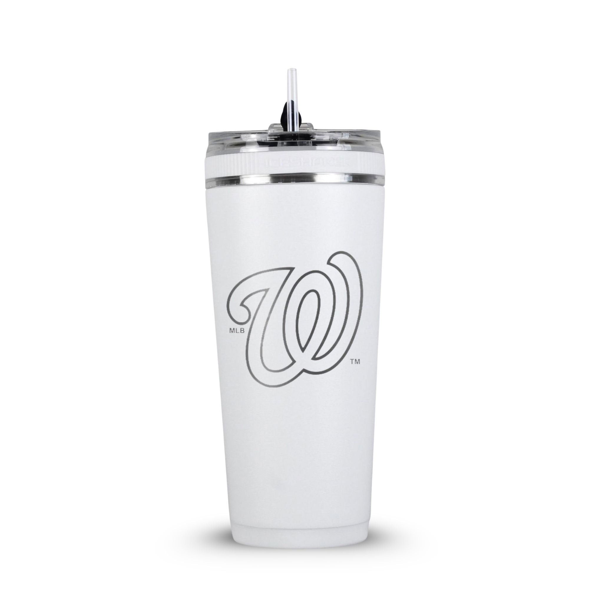 White 26oz Flex Bottle with Straw with the Washington Nationals logo engraved on the back of it.