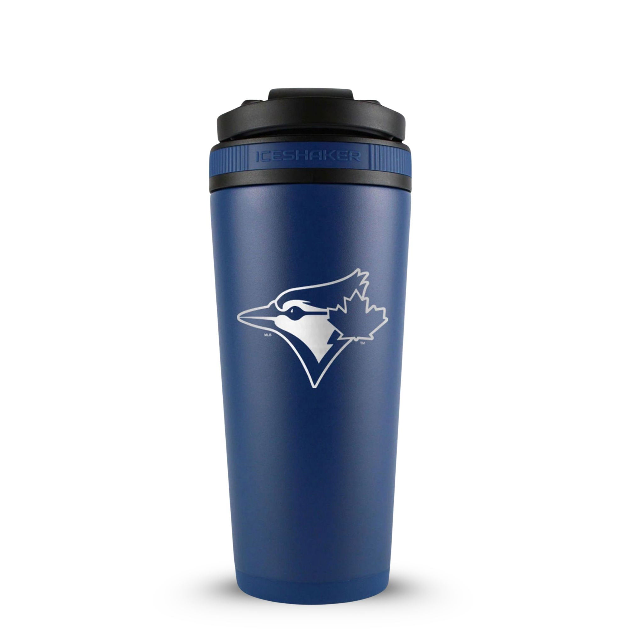 Navy 26oz Ice Shaker with the Toronto Blue Jays logo engraved on the back of it.