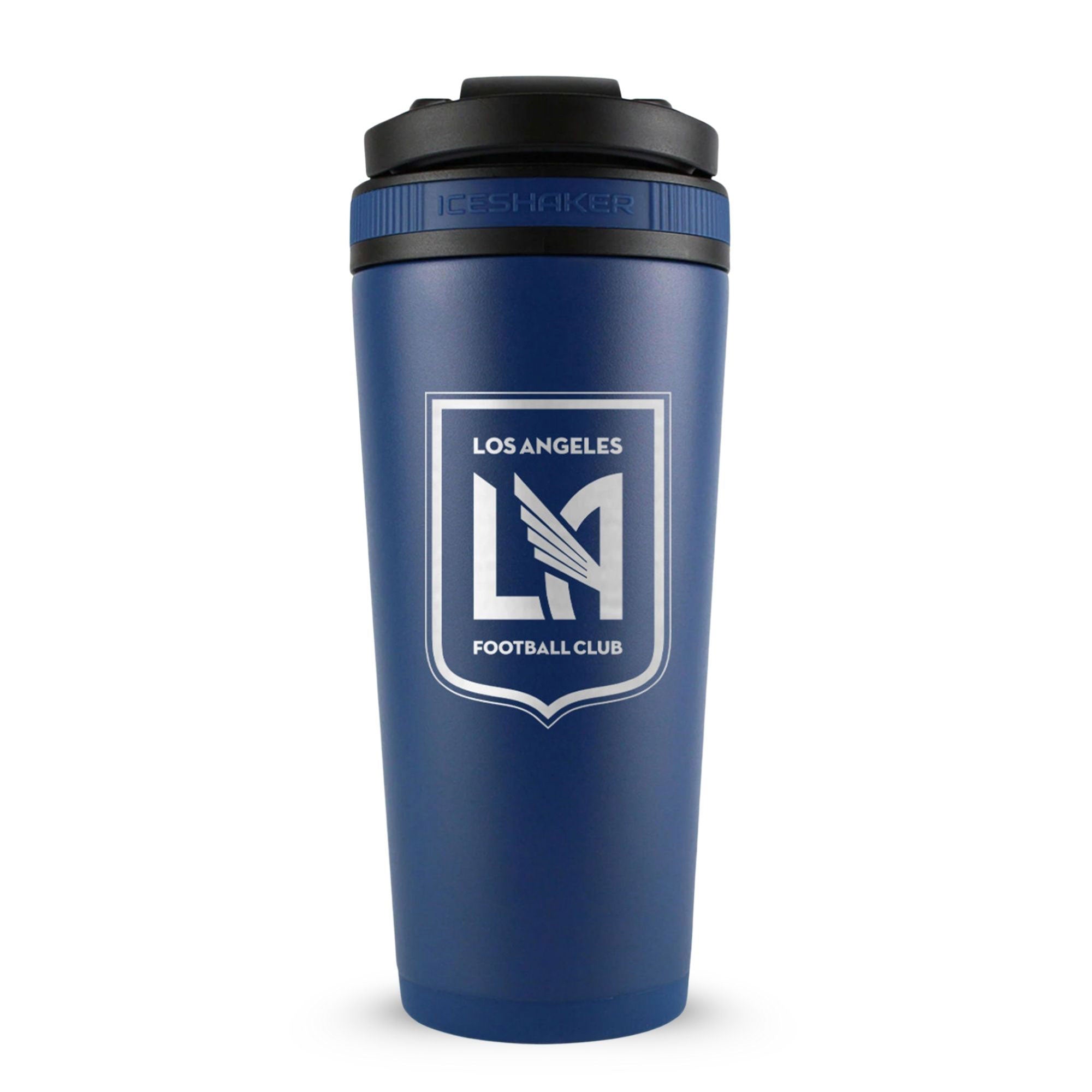 Navy 26oz Ice Shaker with the Los Angeles Football Club logo engraved on the back of it.