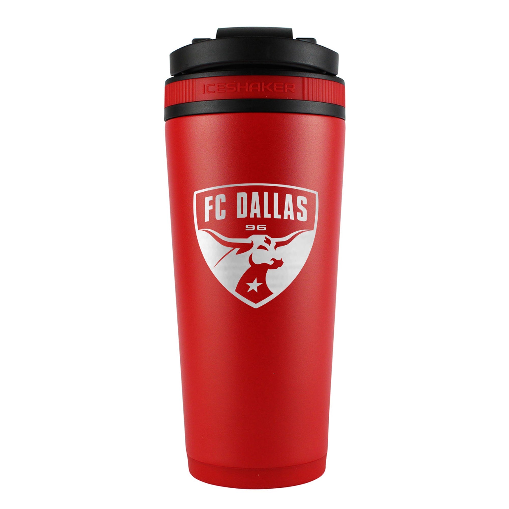 the back of a red 26oz ice shaker water bottle engraved with the official MLS FC Dallas logo