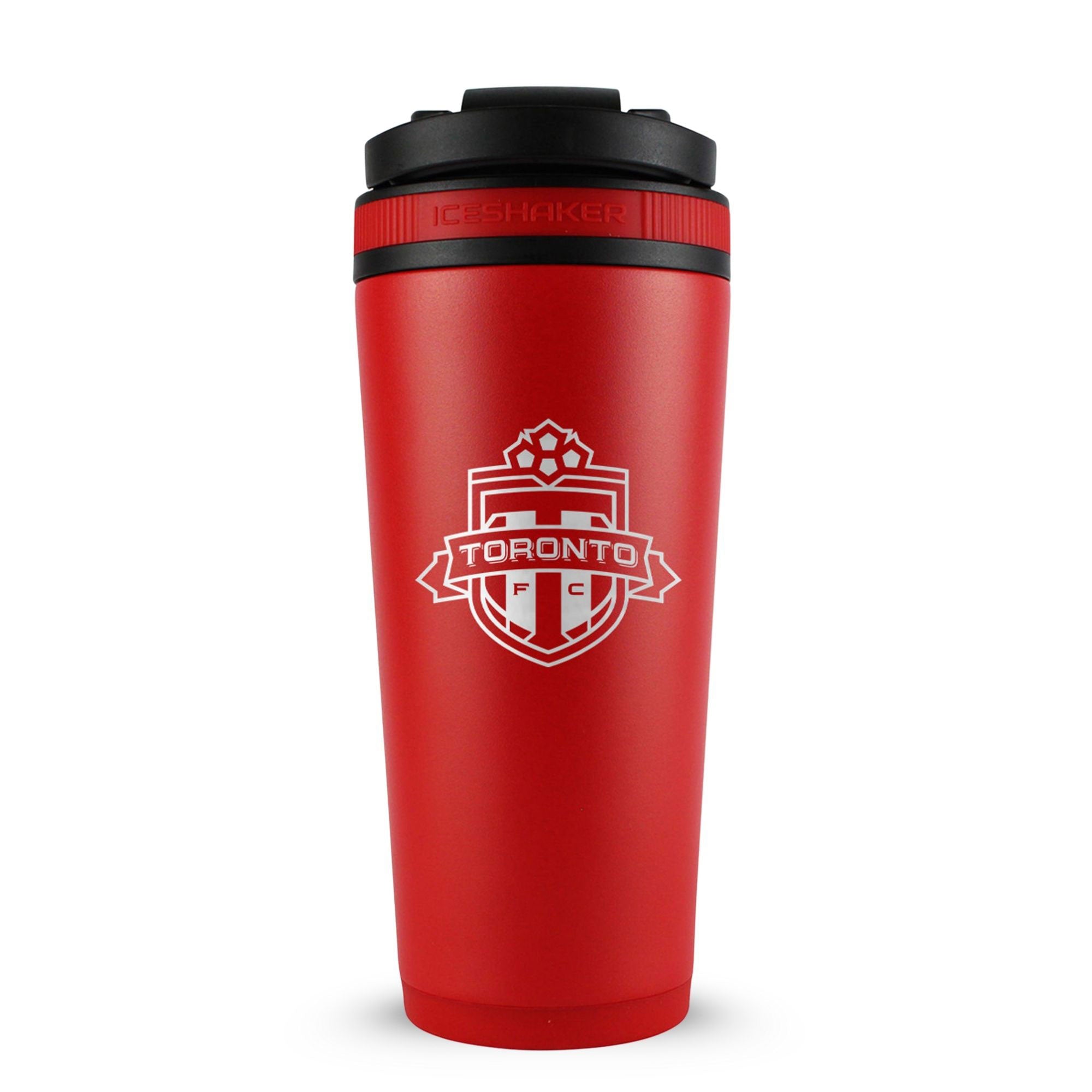 Red 26oz Ice Shaker with the Toronto FC logo engraved on the back of it.