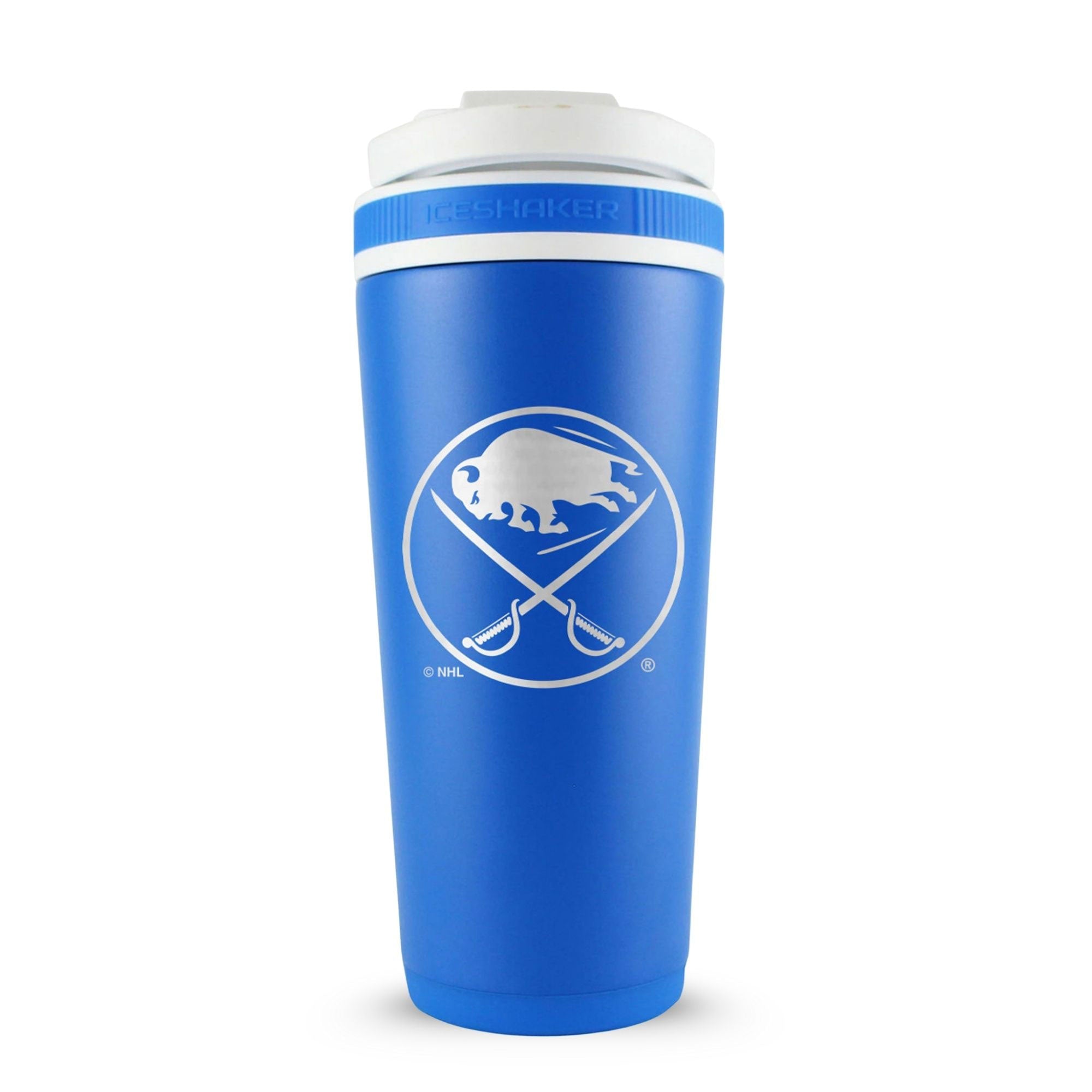 Royal Blue 26oz Ice Shaker with the Buffalo Sabres logo engraved on the back of it.