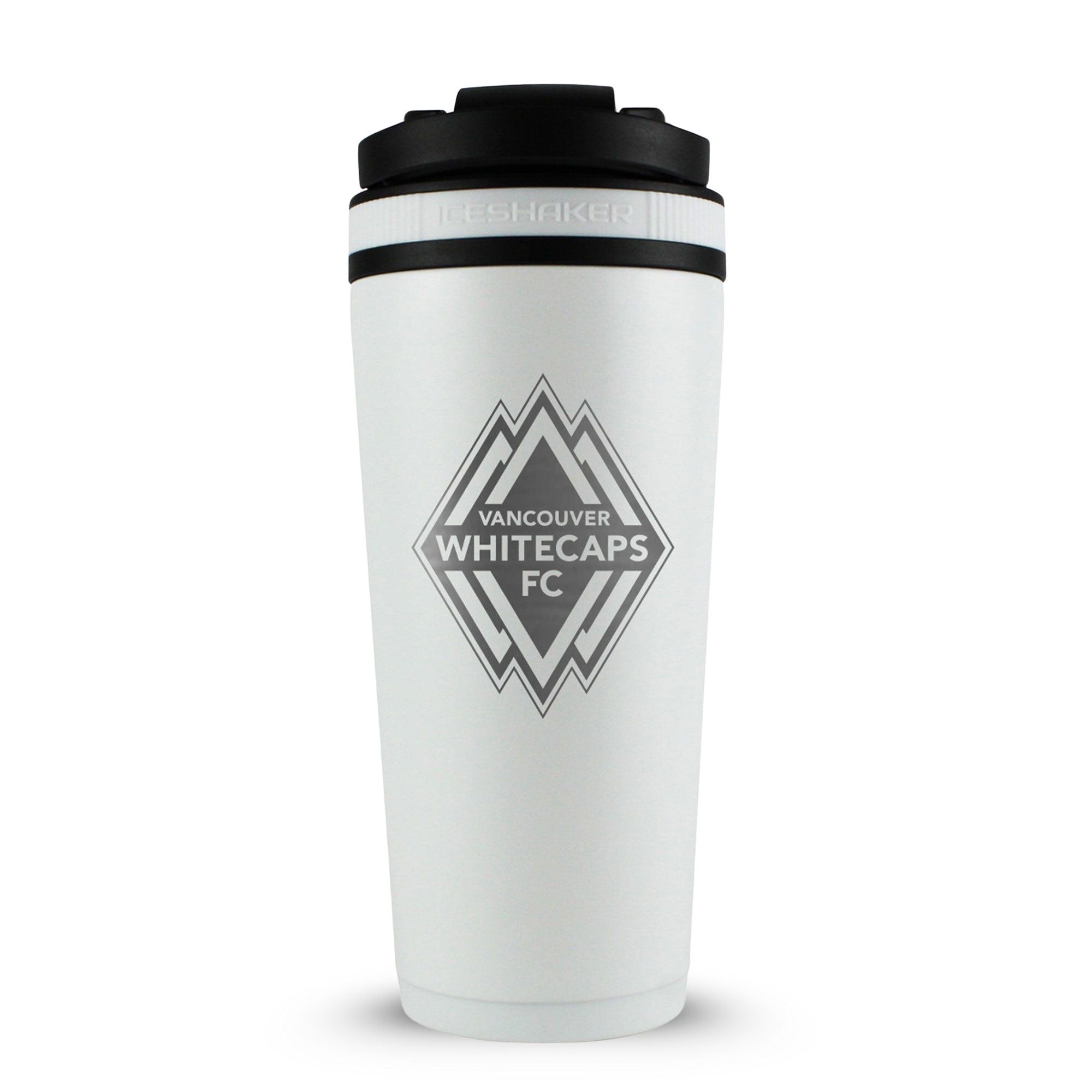 White 26oz Ice Shaker with the Vancouver Whitecaps FC logo engraved on the back of it.