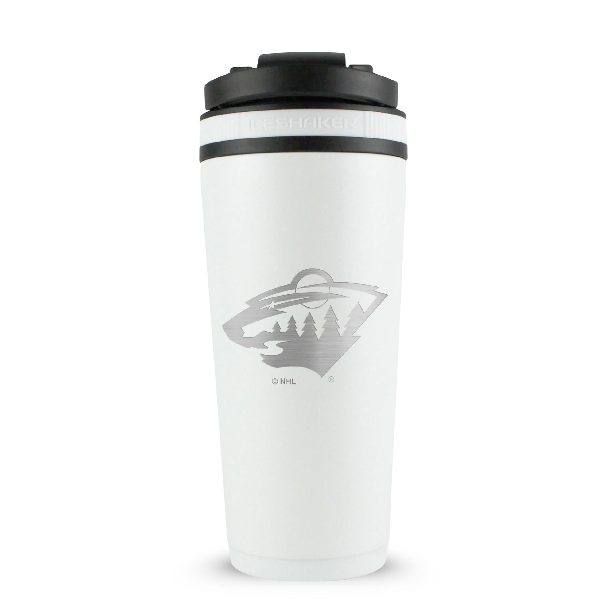 White 26oz Ice Shaker with the Minnesota Wild logo engraved on the back of it.