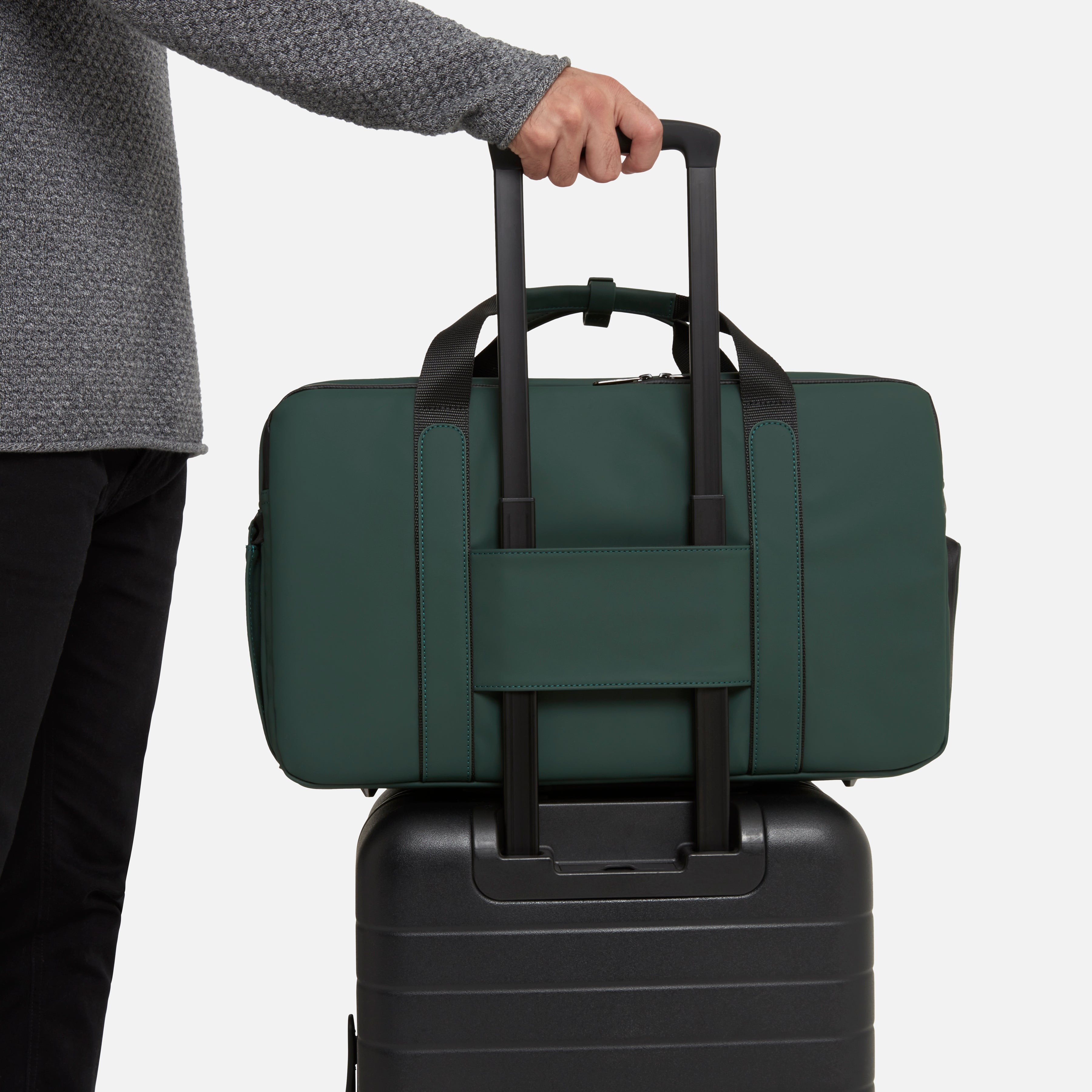 Men's travel duffel bag in green with trolley sleeve for convenient airport carry on rolling luggage. Abbot Green,Kenmare Black,Essex Blue, Stone Grey