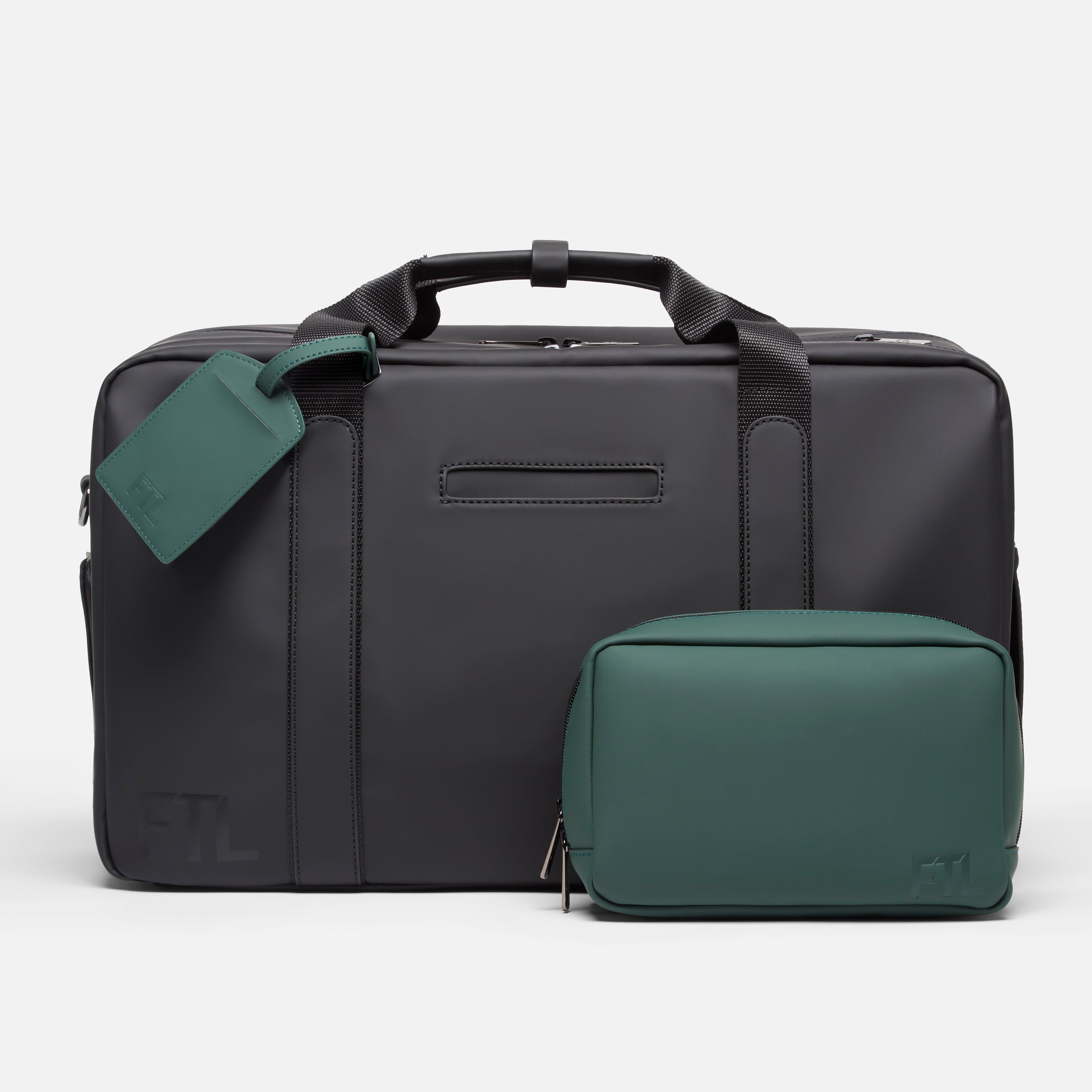 Men's gym duffle bag with matching green pouch and tag, designed for sleek, organized travel and workout storage. Abbot Green