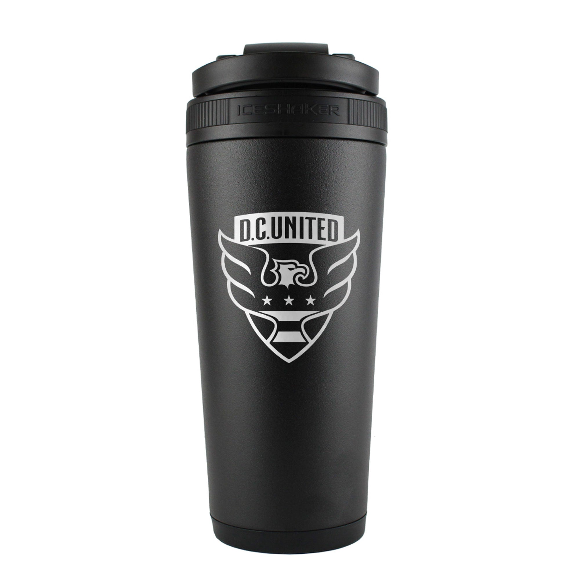 the back of a 26oz ice shaker water bottle engraved with the Official MLS D.C. United Logo