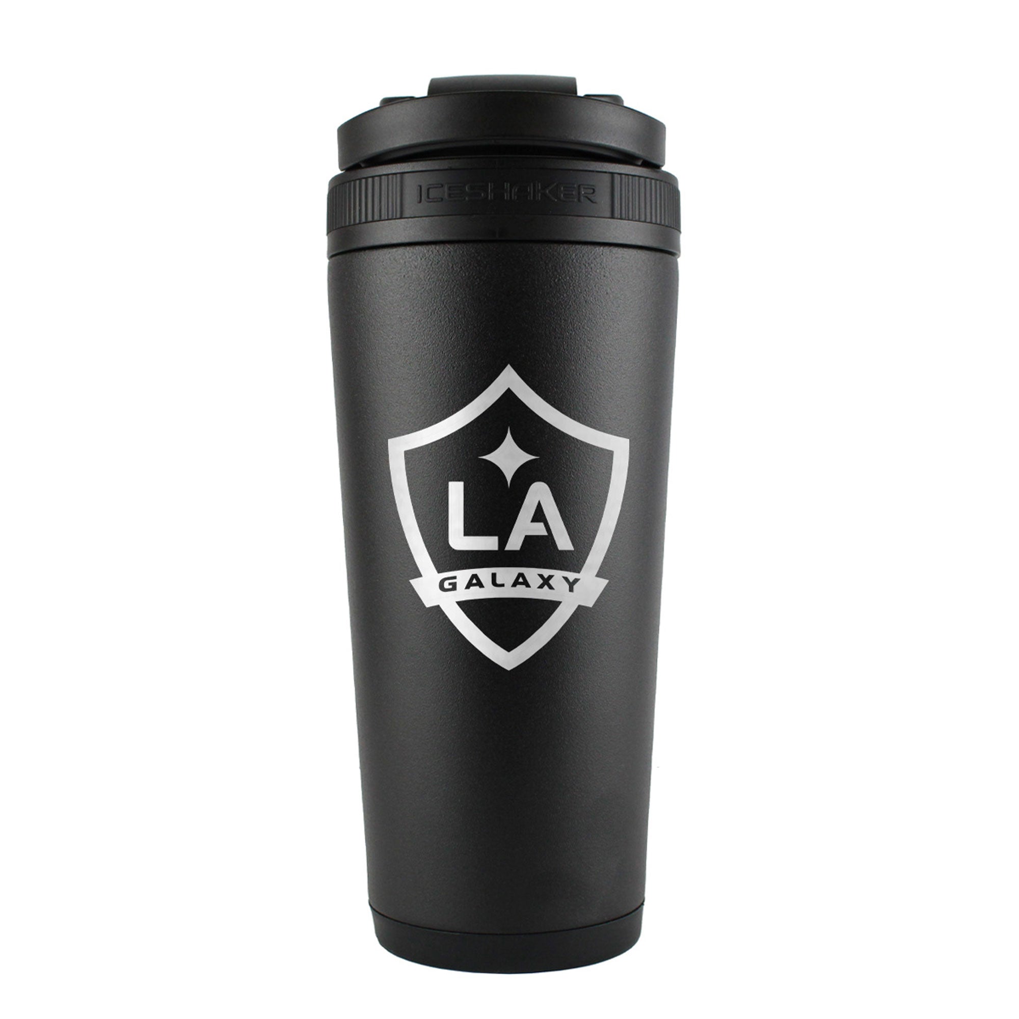 the back of a 26oz ice shaker water bottle engraved with the official MLS Los Angeles Galaxy logo