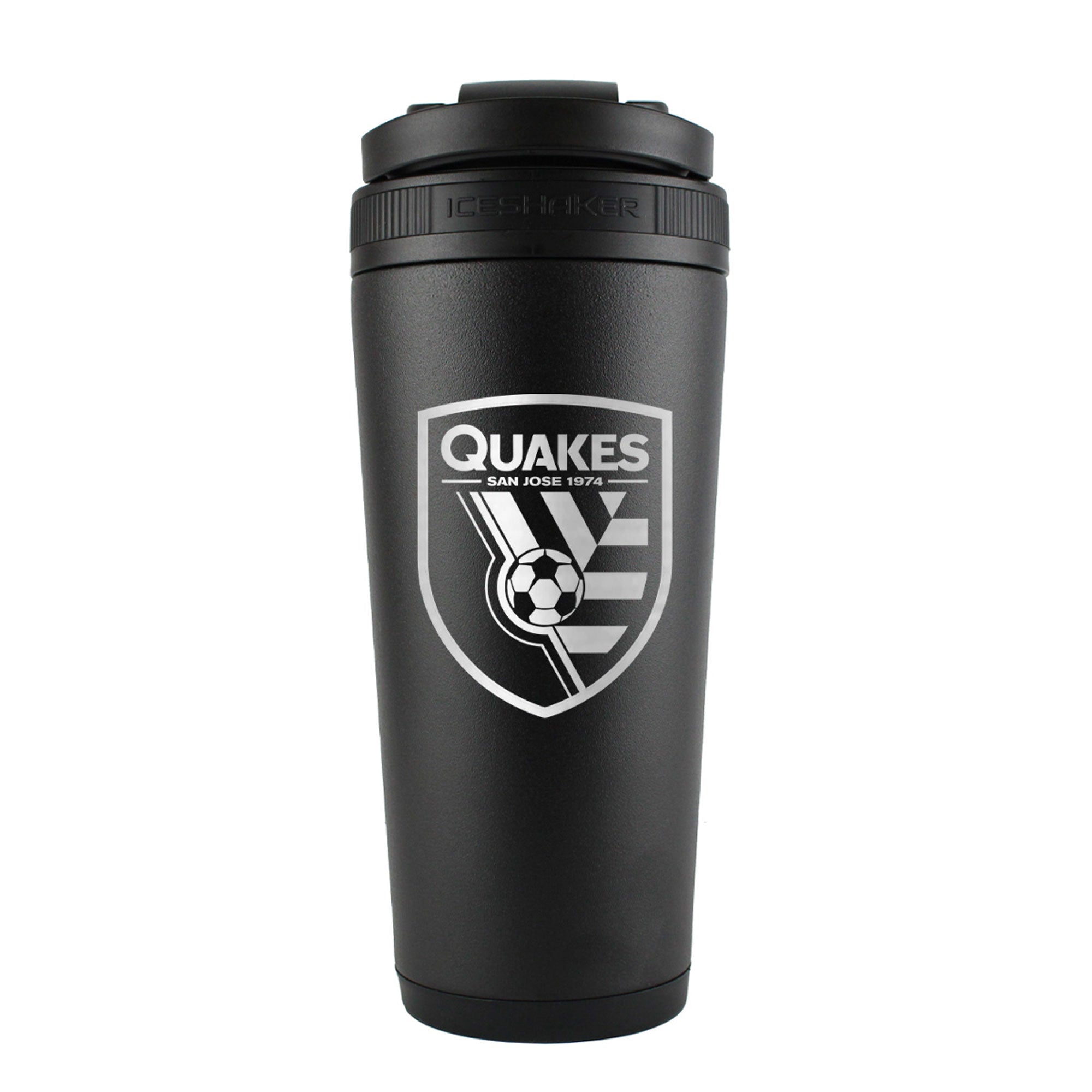 the back of a black 26oz ice shaker water bottle engraved with the official MLS San Jose Quakes logo