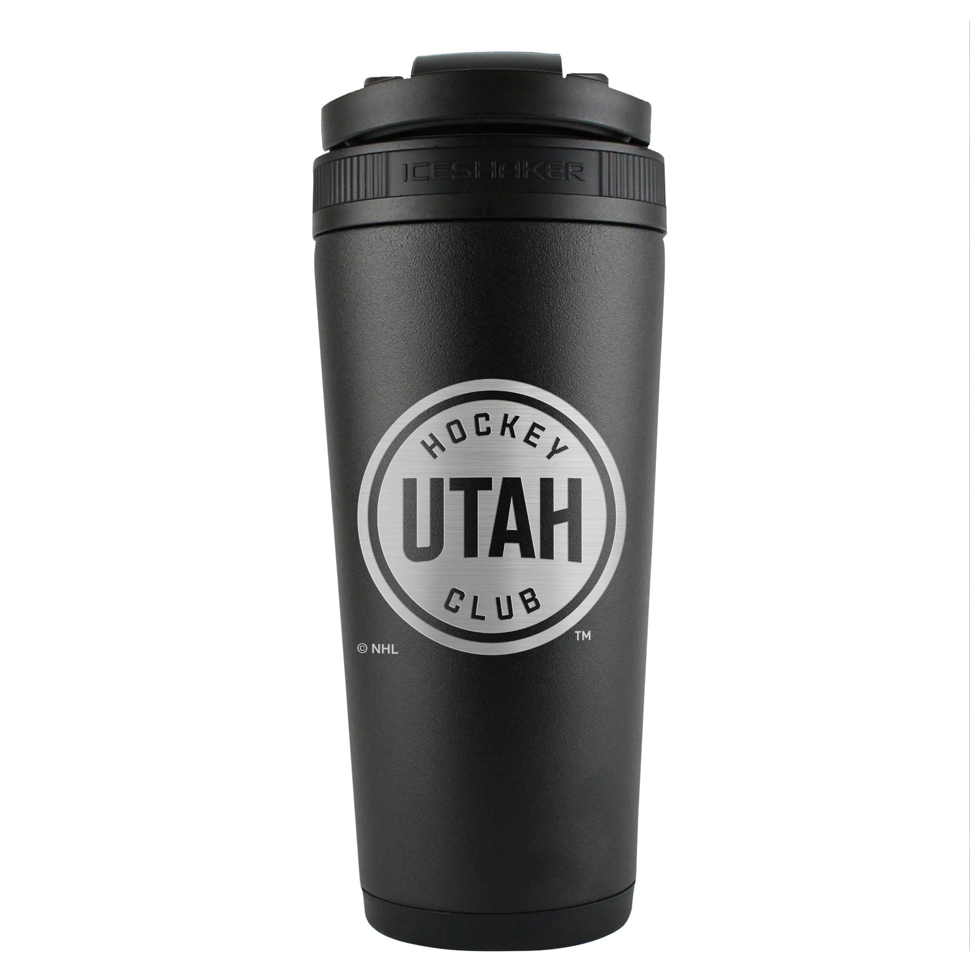 the back of a black 26oz ice shaker protein shaker water bottle engraved with the official NHL Utah Hockey Club logo