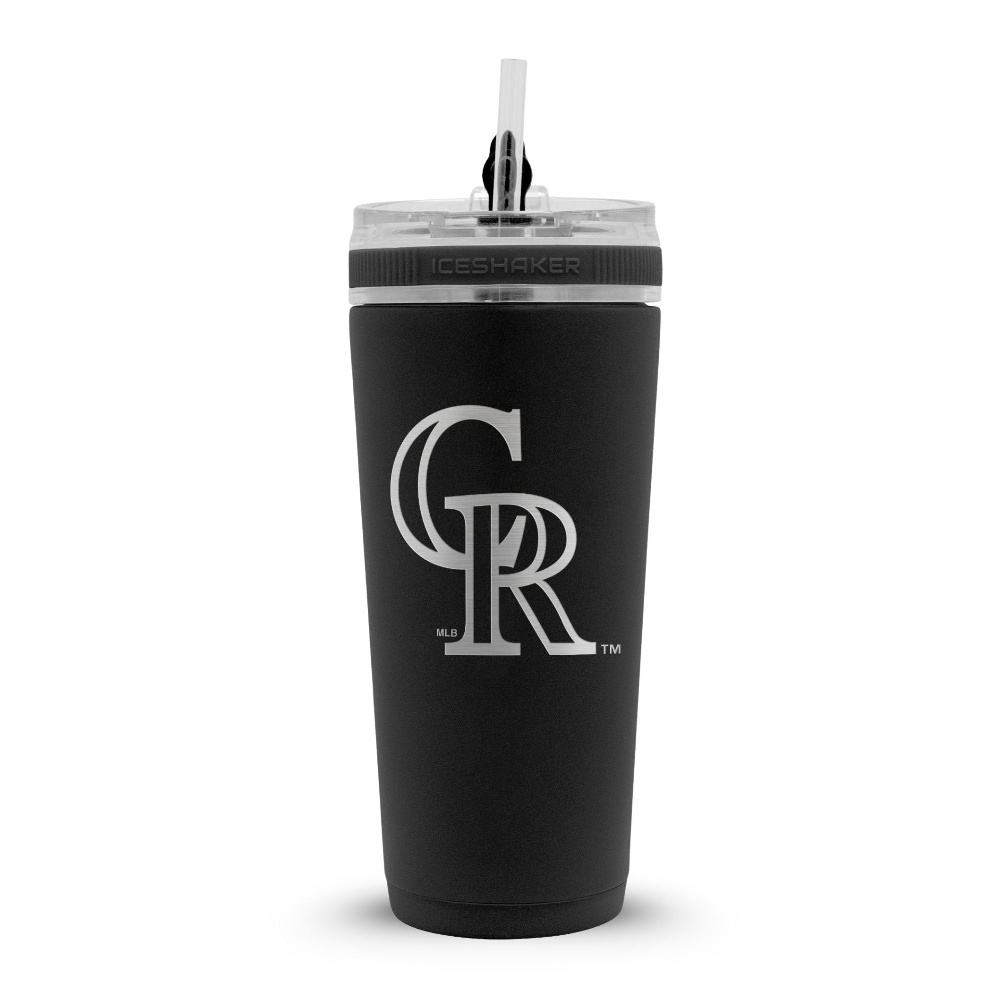 Black 26oz Flex bottle with Straw with the Colorado Rockies logo engraved on the back of it.