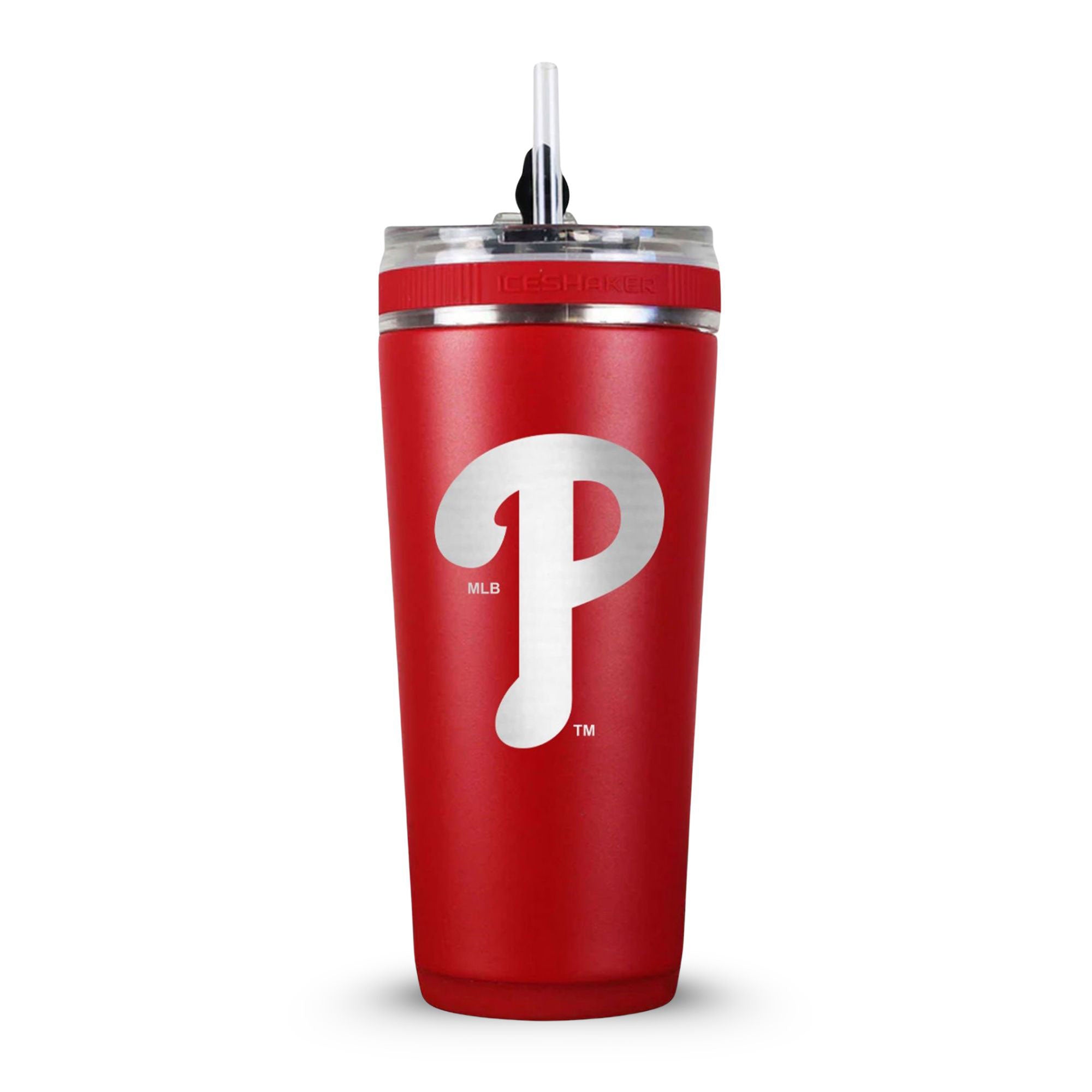 Red 26oz Flex Bottle with straw with the Philadelphia Phillies logo engraved on the back of it.