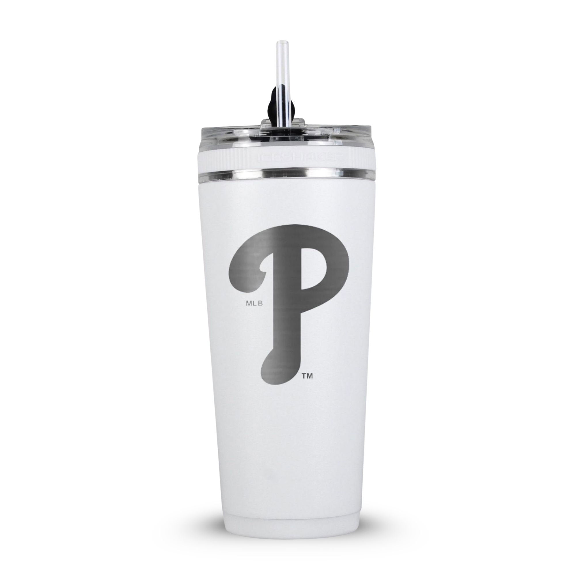 White 26oz Flex Bottle with straw with the Philadelphia Phillies logo engraved on the back of it.