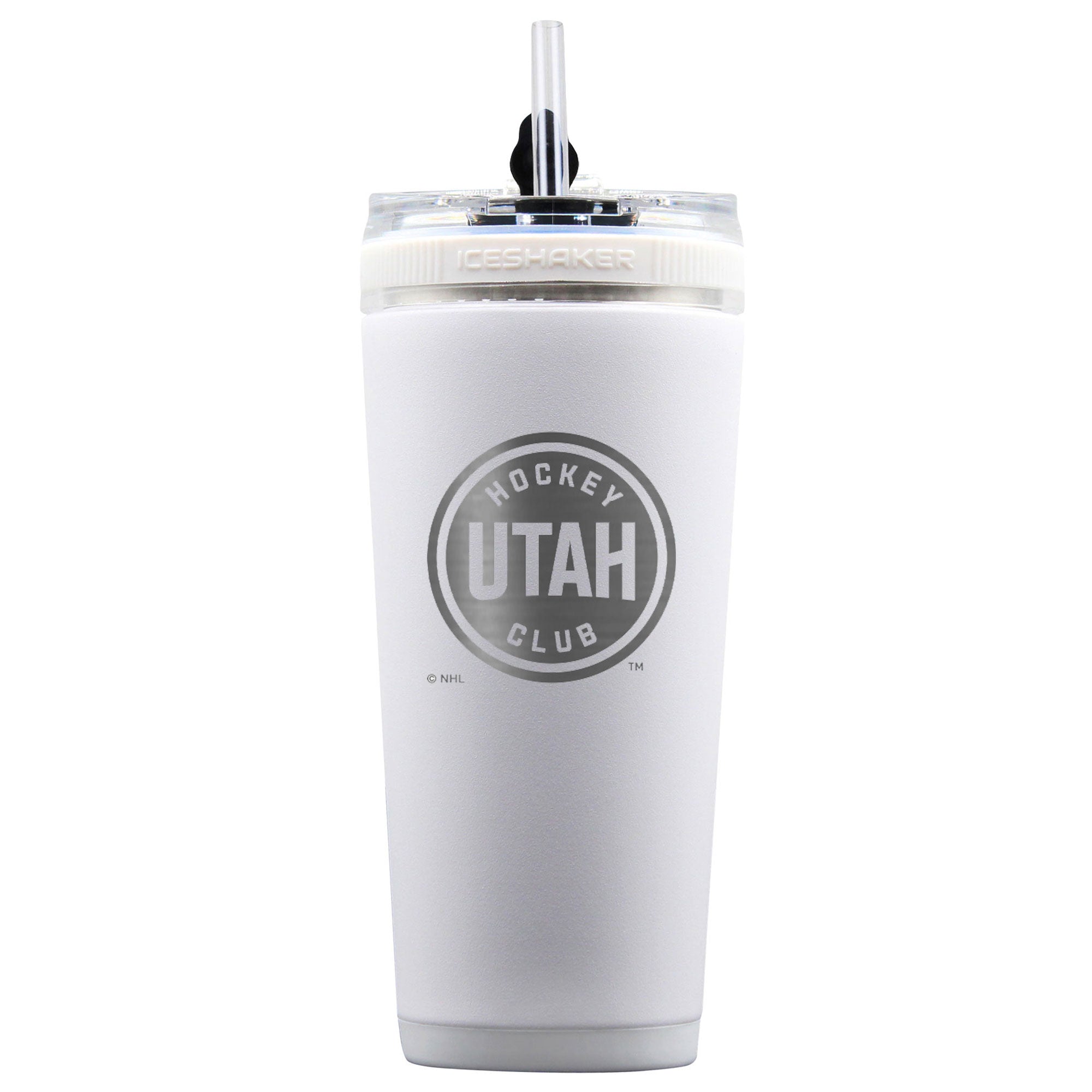 the back of a white Ice Shaker Flex Water Bottle engraved with the official NHL Utah Hockey Club logo.