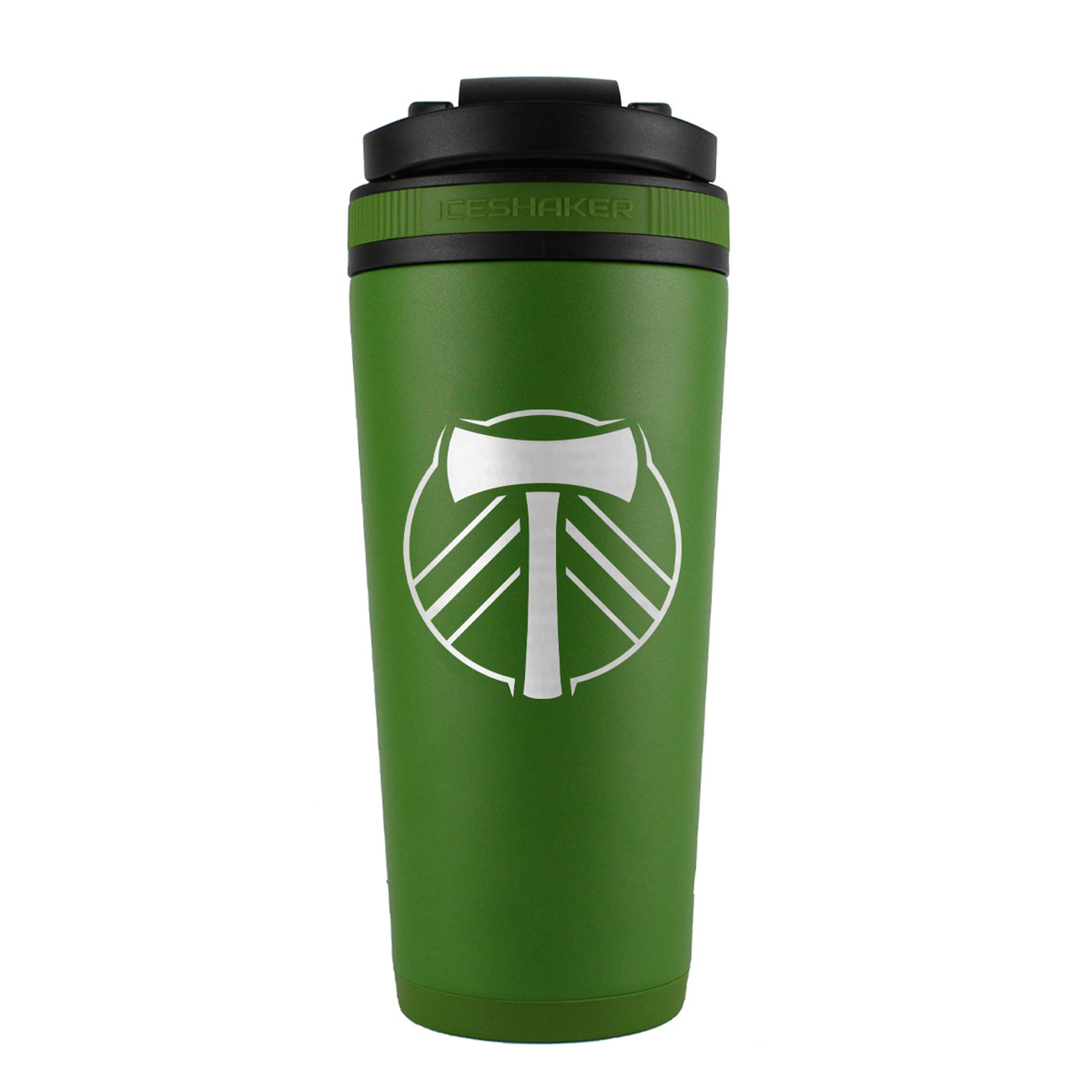 the back of a green 26oz ice shaker water bottle engraved with the official MLS portland timber logo