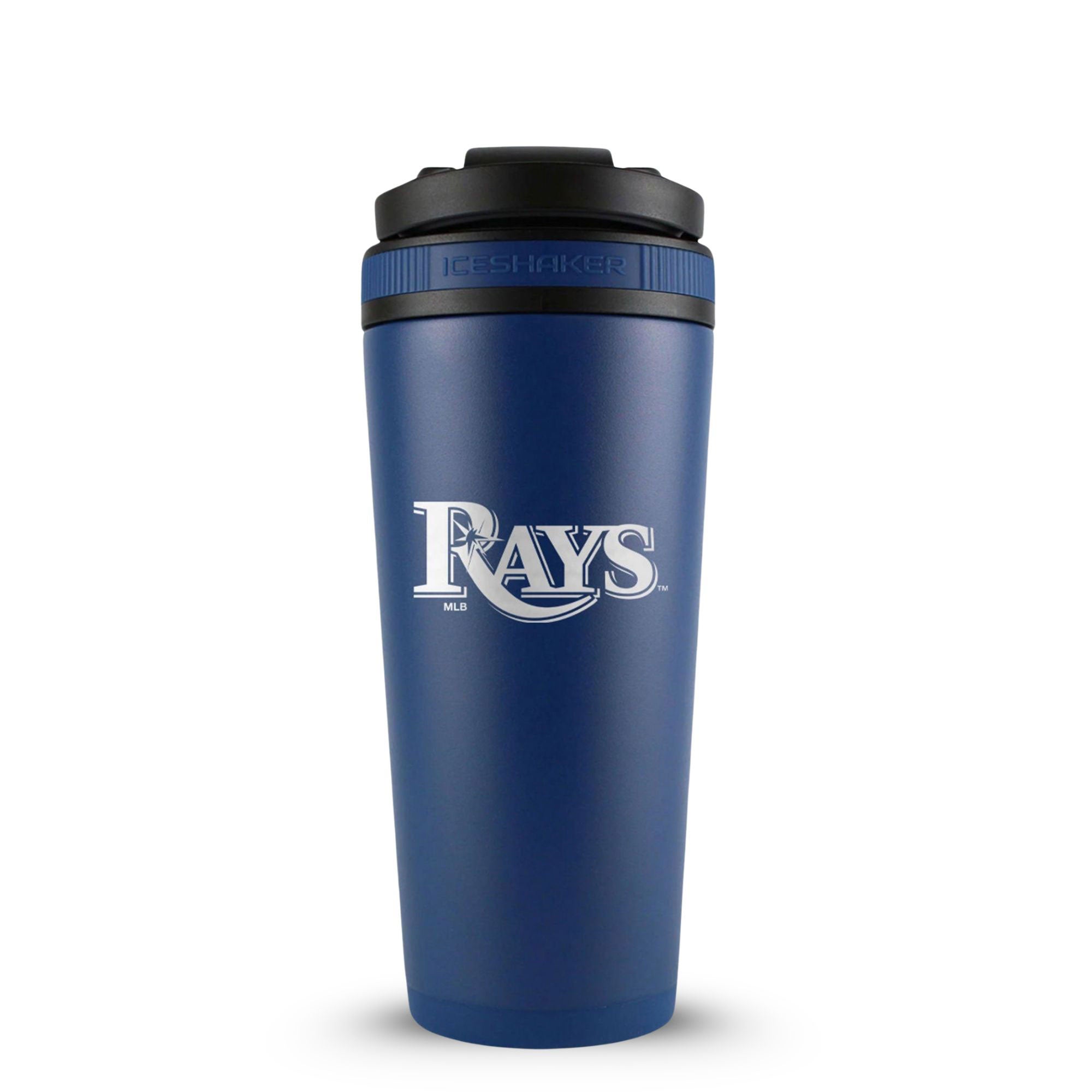 Navy 26oz Ice Shaker with the Tampa Bay Rays logo engraved on the back of it.