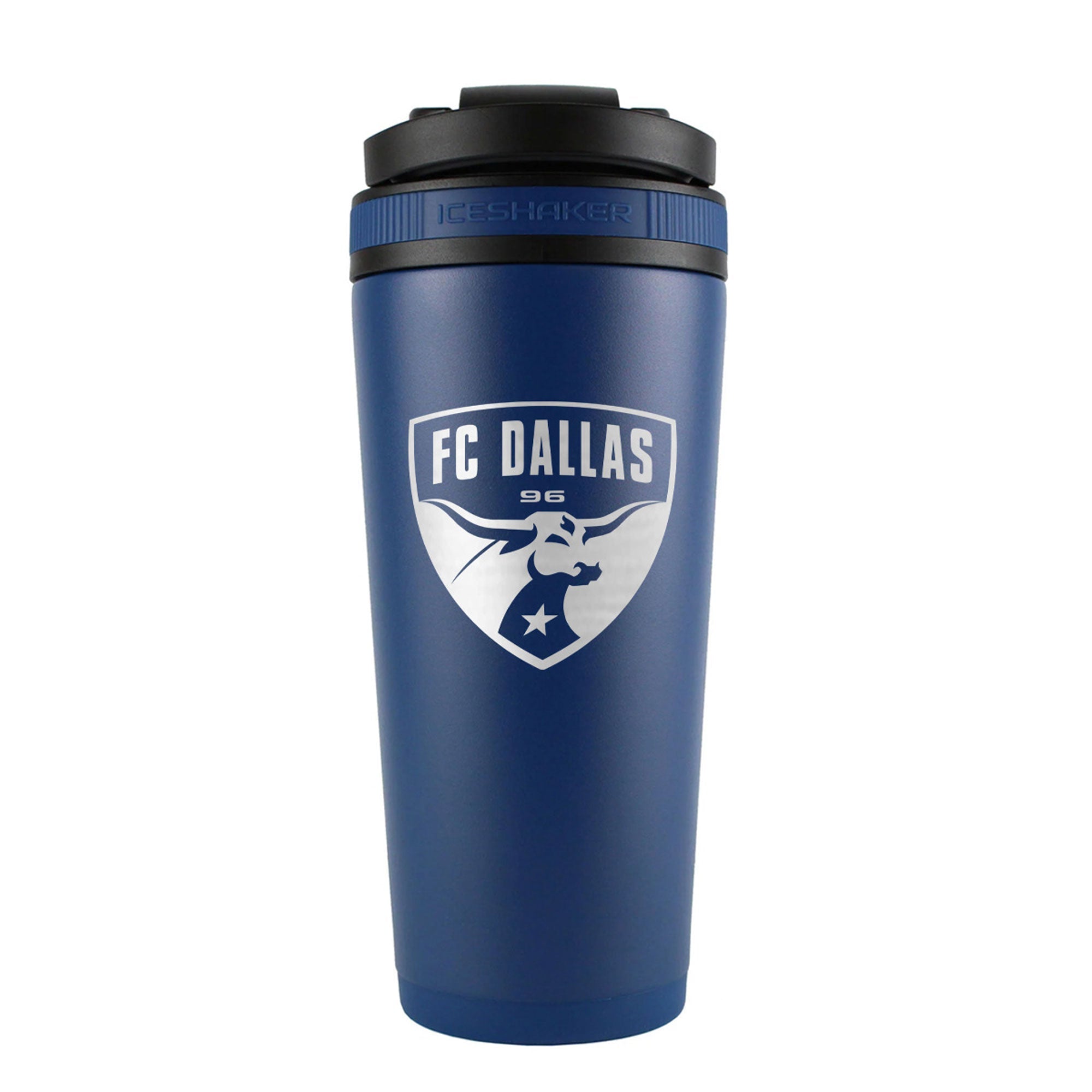 the back of a navy 26oz ice shaker water bottle engraved with the official MLS FC Dallas logo