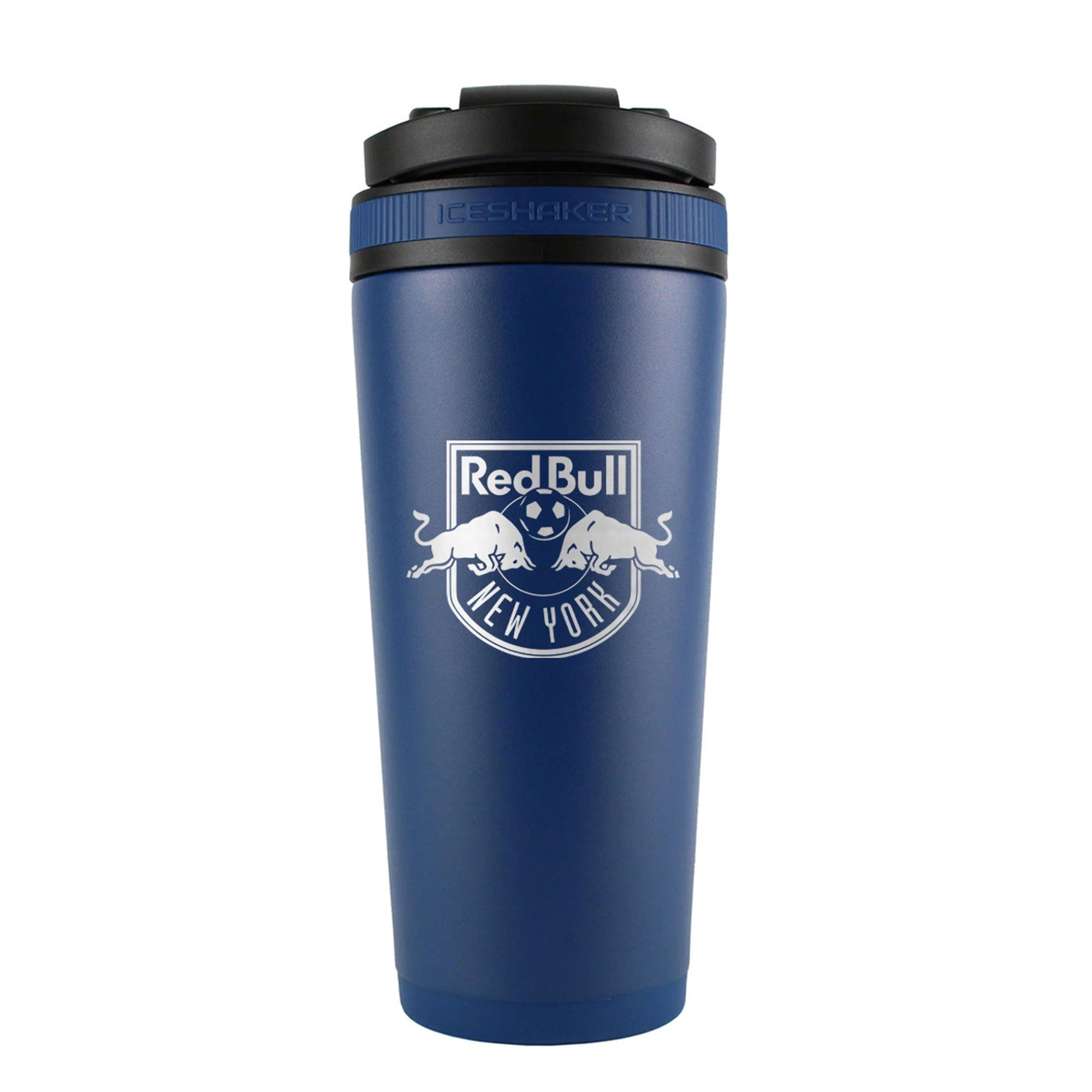 the back of a navy 26oz ice shaker water bottle engraved with the official MLS New York Red Bull logo