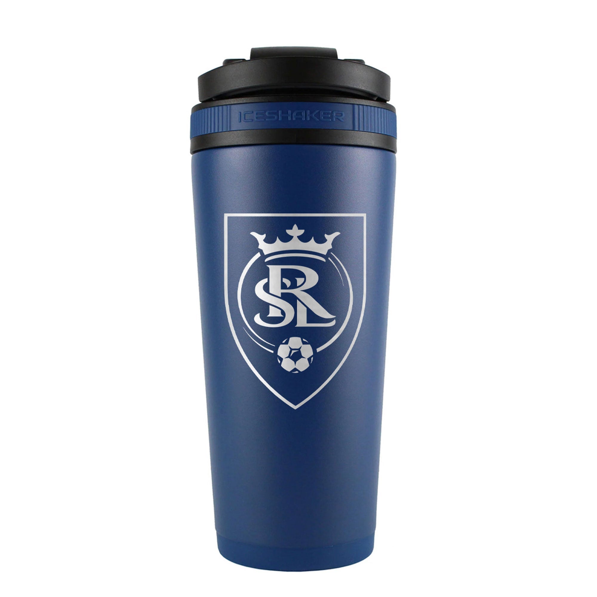 the back of a navy 26oz ice shaker water bottle engraved with the official MLS Real Salt Lake logo