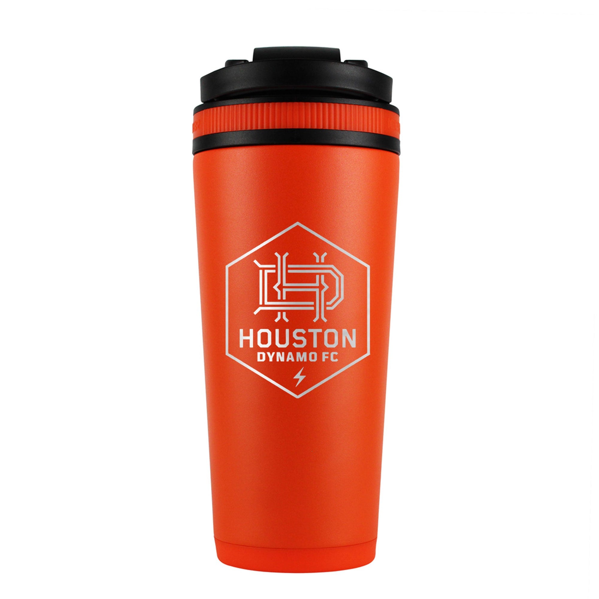 the back of an orange 26oz ice shaker water bottle engraved with the official MLS Houston Dynamo FC logo