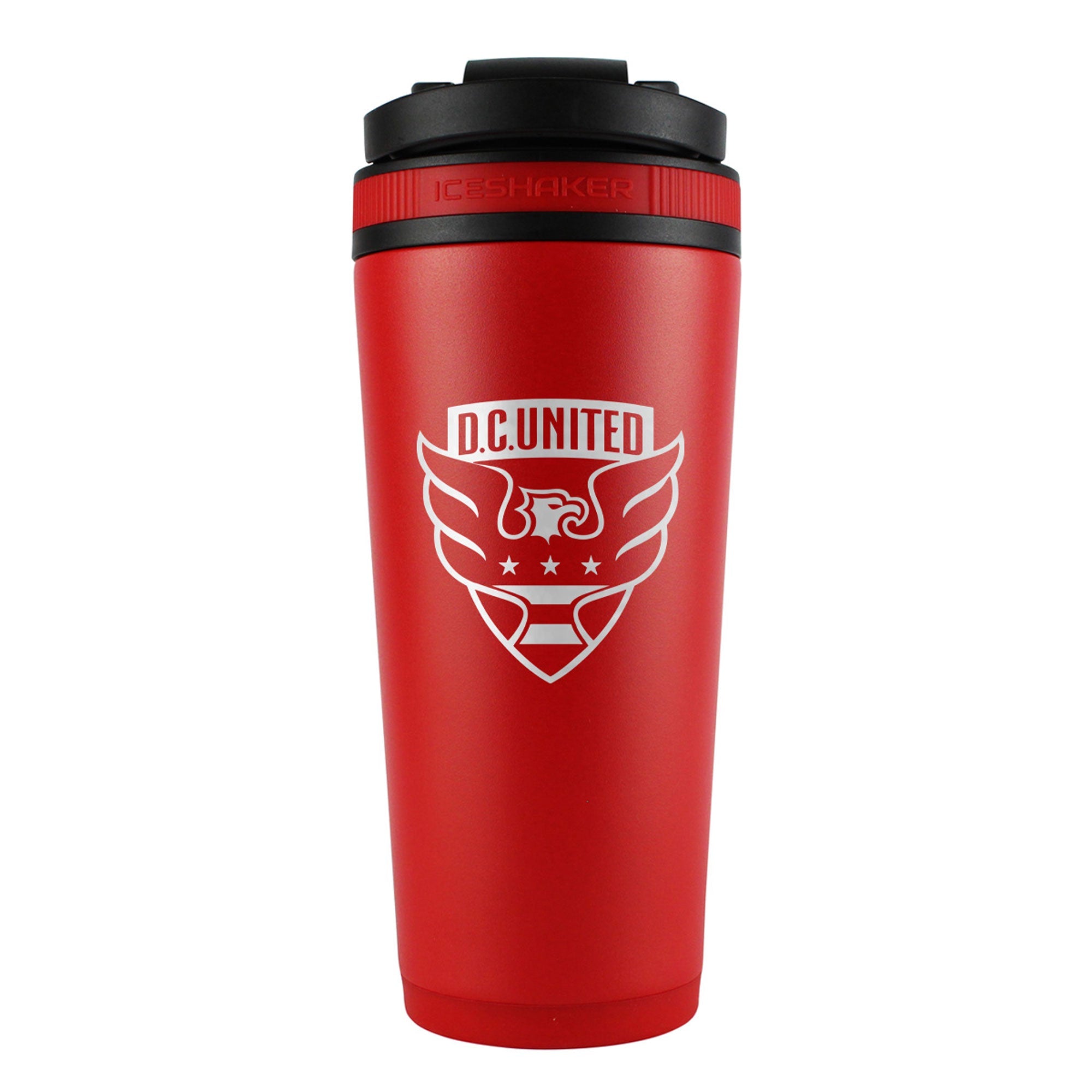 the back of a red 26oz ice shaker water bottle engraved with the official MLS D.C. United logo