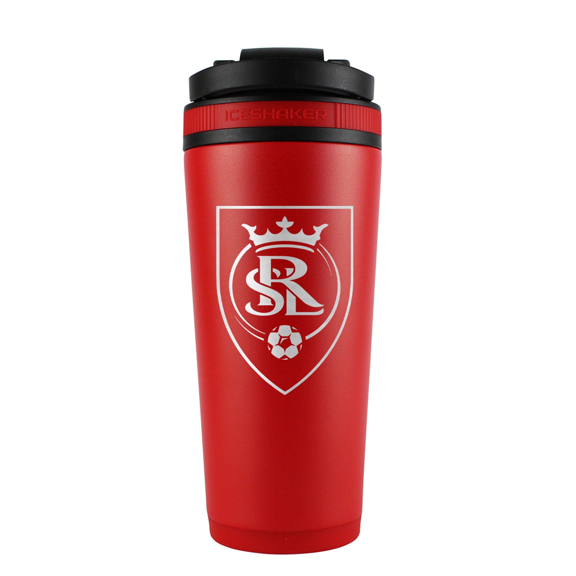 the back of a red 26oz ice shaker water bottle engraved with the official MLS Real Salt Lake logo