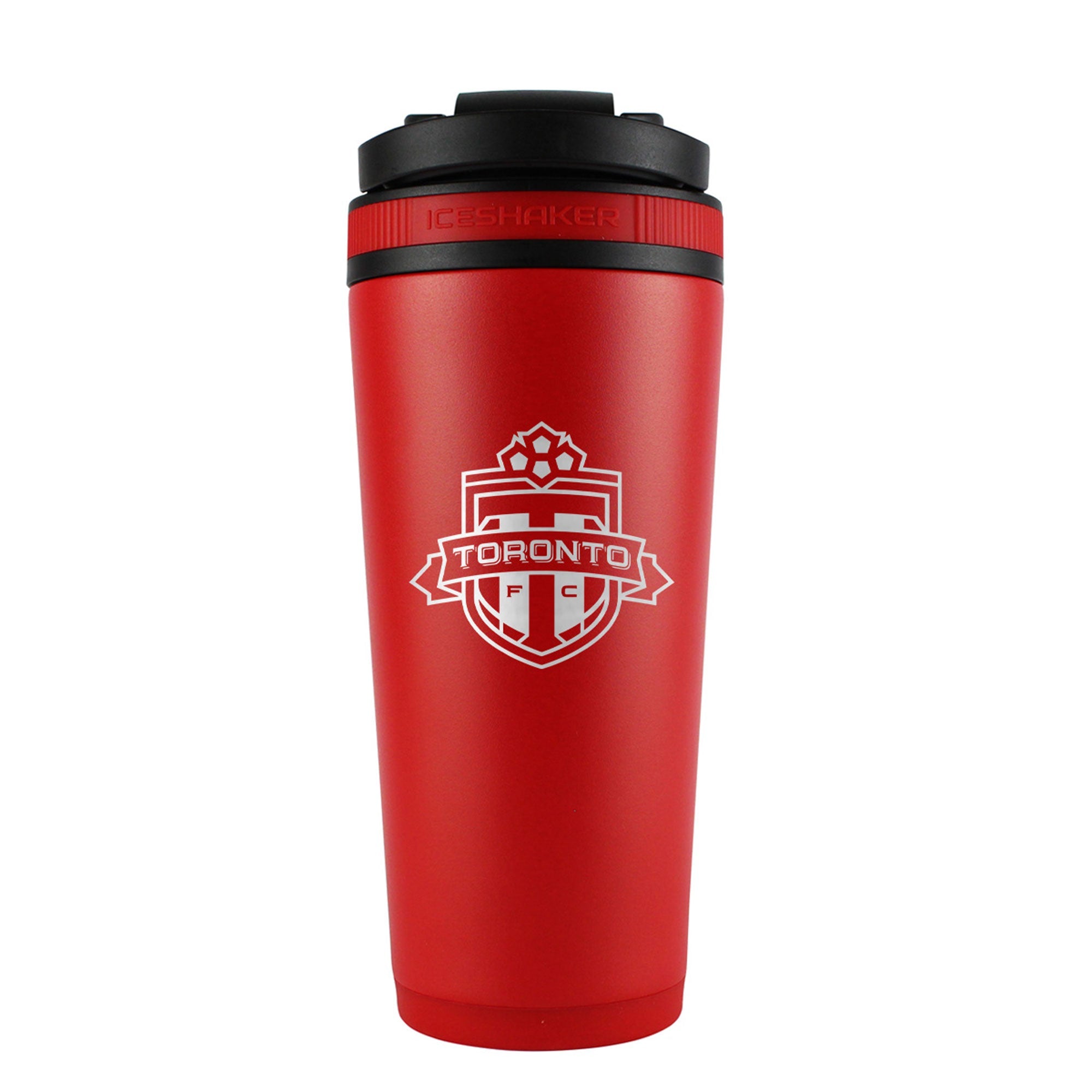 the back of a red 26oz ice shaker water bottle engraved with the official MLS Toronto FC Logo