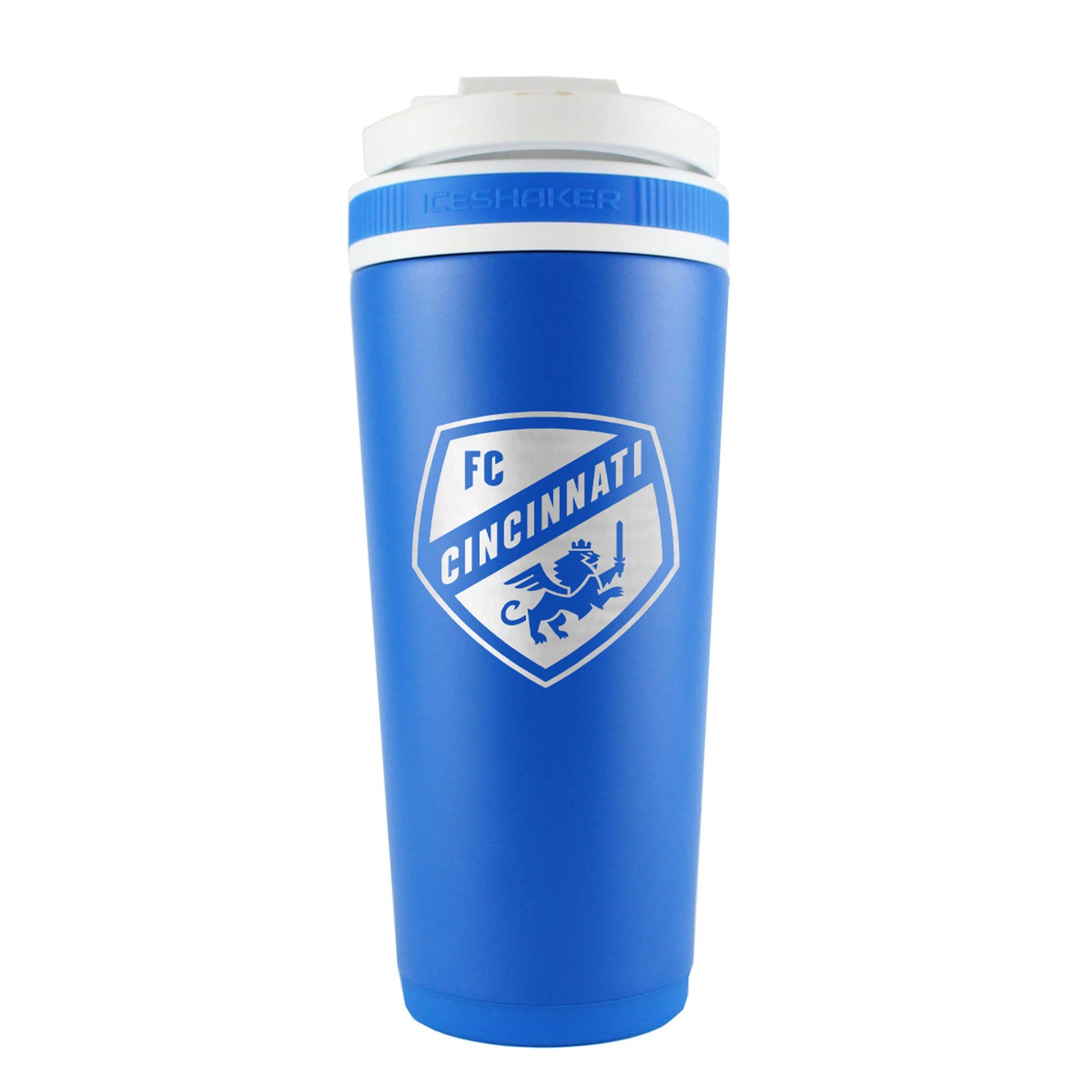 the back of a royal blue 26oz ice shaker water bottle engraved with the Official MLS FC Cincinnati logo