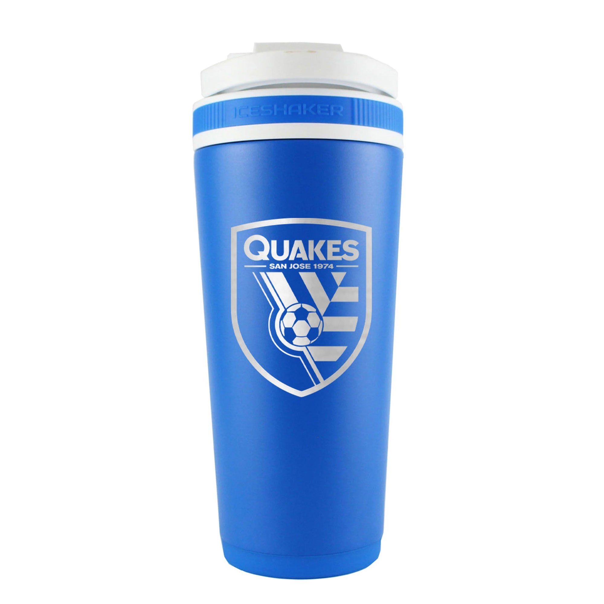 the back of a royal blue 26oz ice shaker water bottle engraved with the official MLS San Jose Quakes logo.