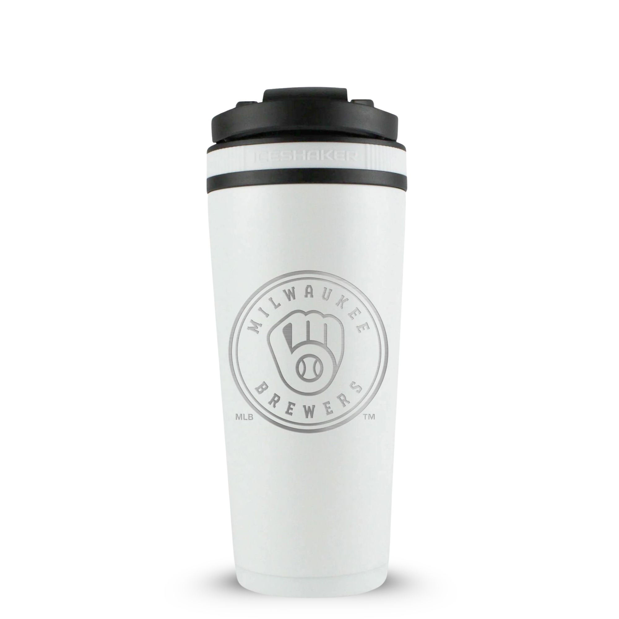 White 26oz Ice Shaker with the Milwaukee Brewers logo engraved on the back of it.