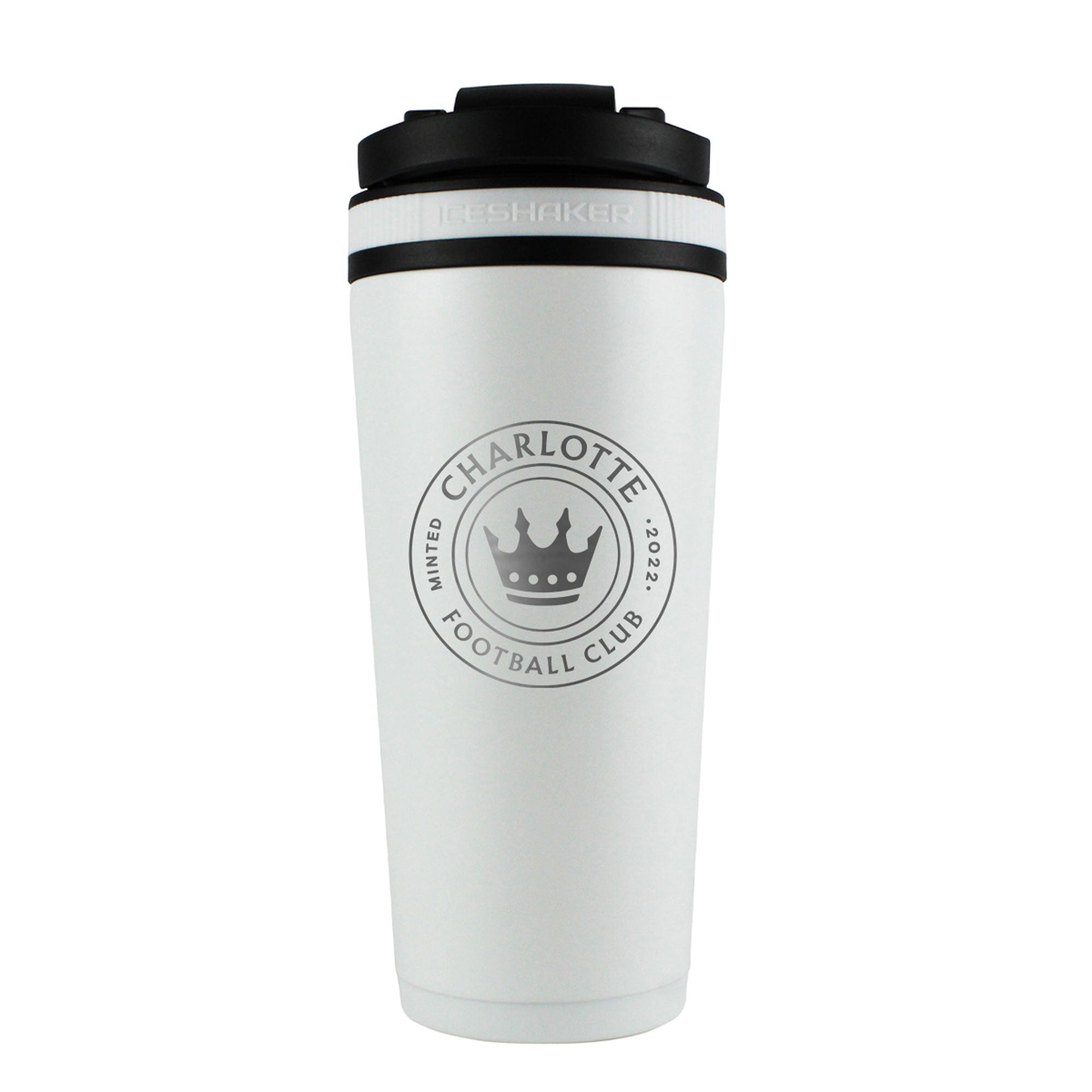 The back of a white 26oz insulated shaker bottle engraved with the Official MLS minted Charlotte FC logo