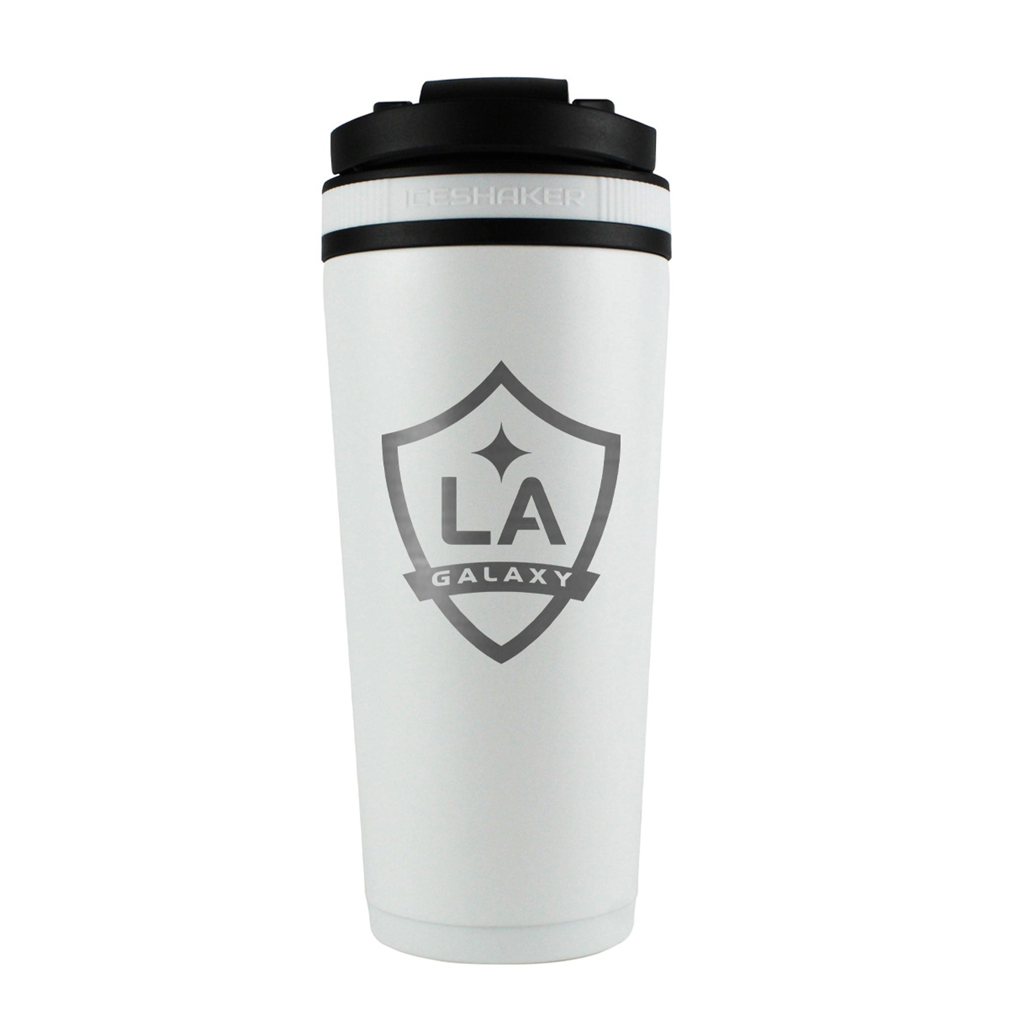 the back of a white 26oz ice shaker water bottle that is engraved with the Official MLS LA Galaxy logo