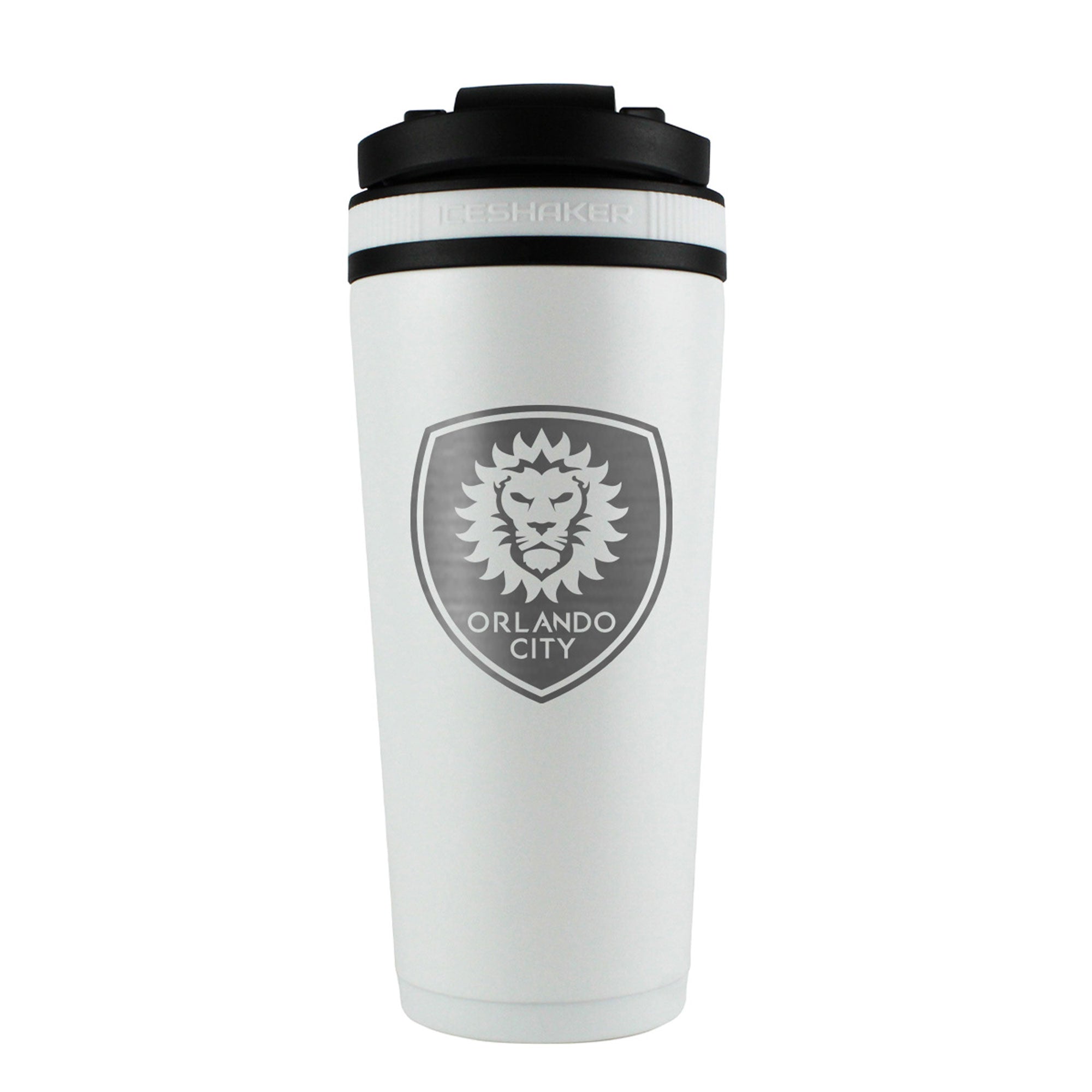 the back of a white 26oz ice shaker water bottle engraved with the official MLS Orlando City SC logo