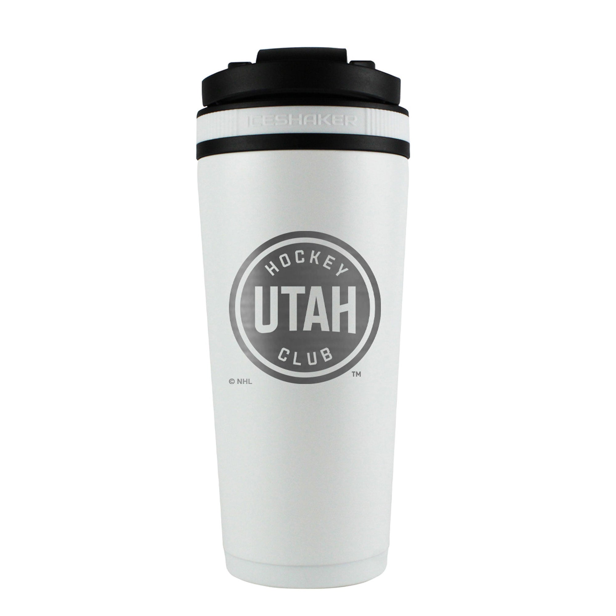 the back of a white ice shaker protein shaker water bottle engraved with the official NHL Utah Hockey Club logo 