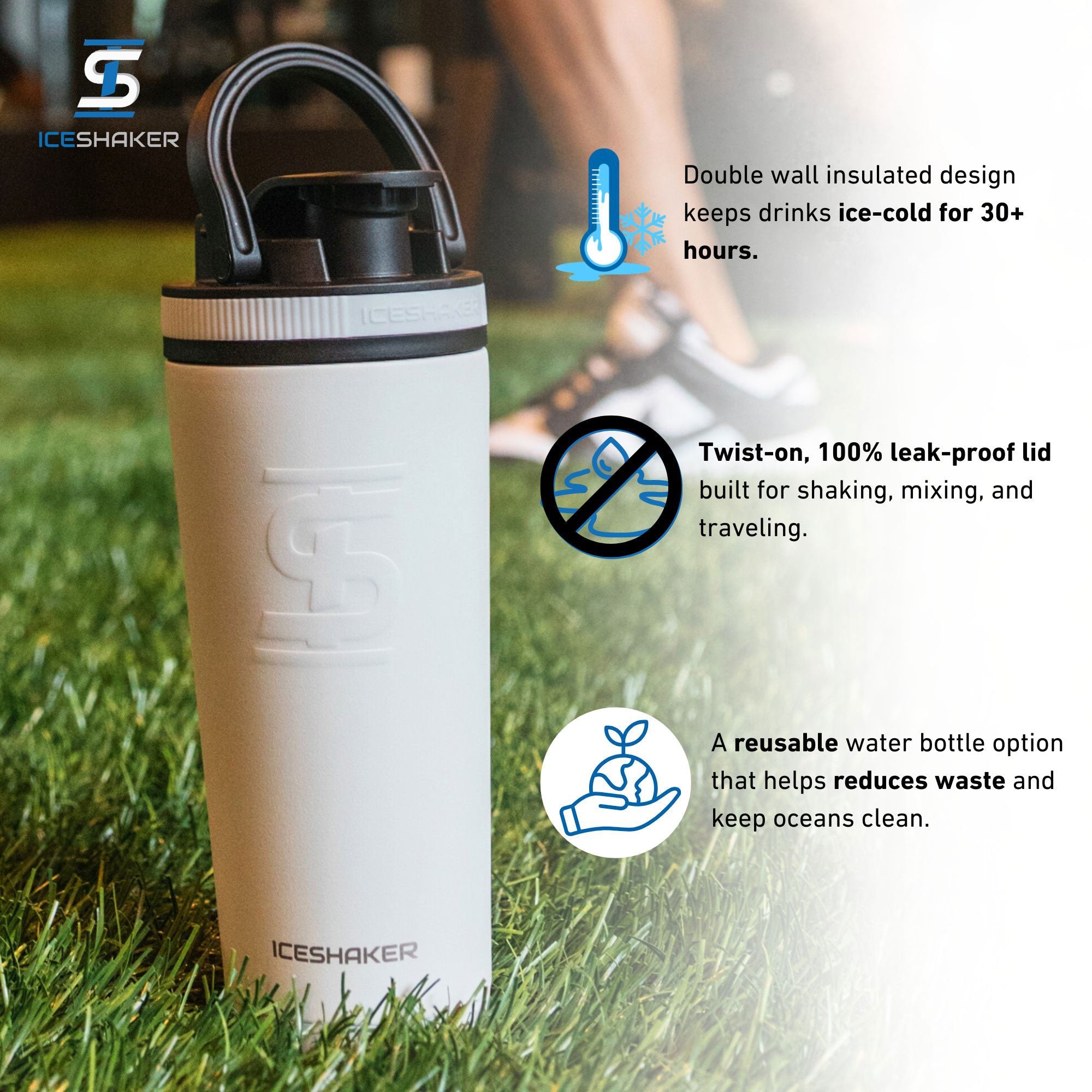 A white 26oz Ice Shaker being held by a person with important product features highlighted including: the insulated design keeps drinks ice-cold for 30+ hours, the twist-on 100% leak-proof lid, and the bottle being an eco-friendly water bottle option.